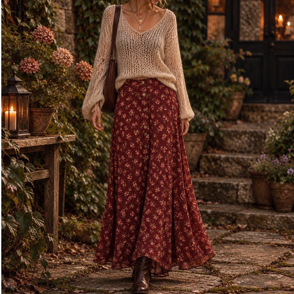 Vtg 90s Maxi Skirt Womens sz 9 / 10 Practical Magic Whimsigoth Fall Dark Floral
